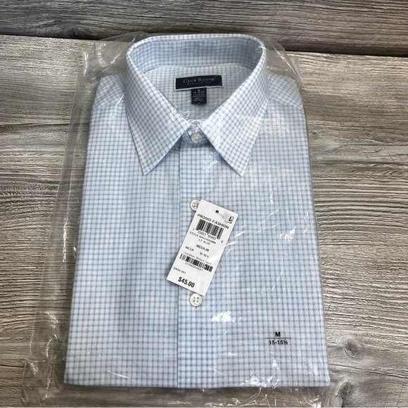 NWT Club Room short sleeve button up dress shirt size medium 15-15.5 blue check - Picture 1 of 5